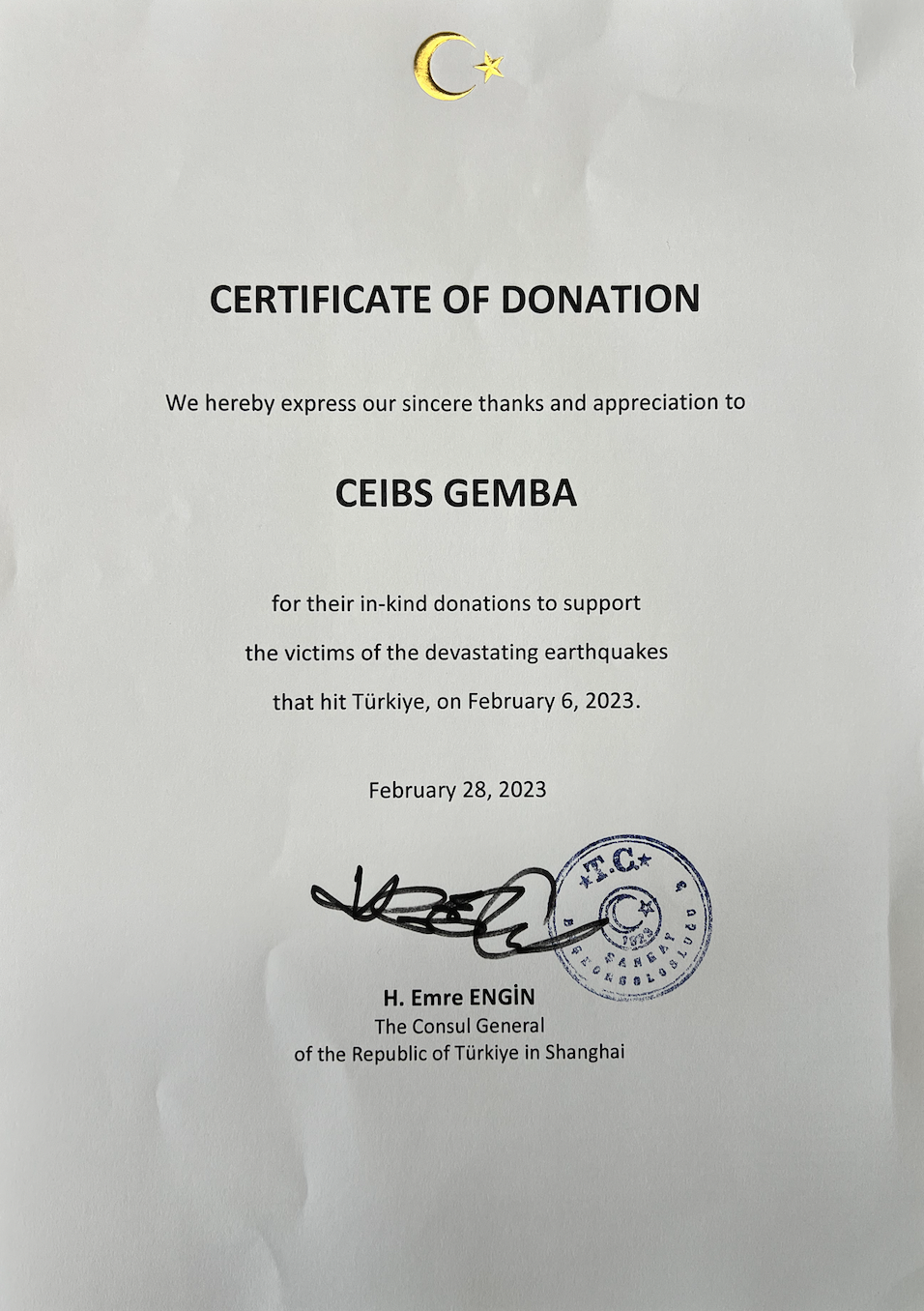 Certificate of Donation